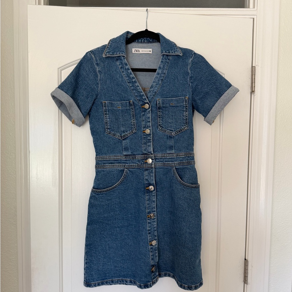 Zara Dark Blue Denim Short-Sleeve Button-Front Mini Dress